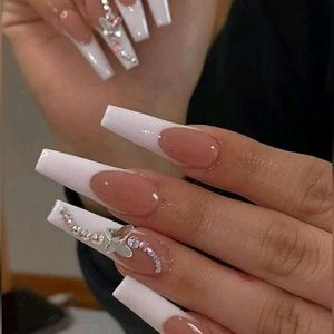 Fancy Your Look with 24pcs Long Coffin White French Rhinestone Bow Style